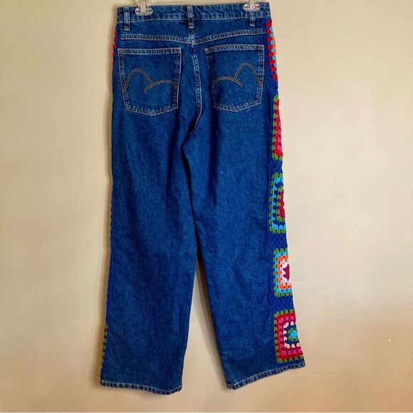 RARE Farm Rio Crochet Squares Denim Jacket & Jeans Set Pants Granny Blue Size S - Picture 13 of 16